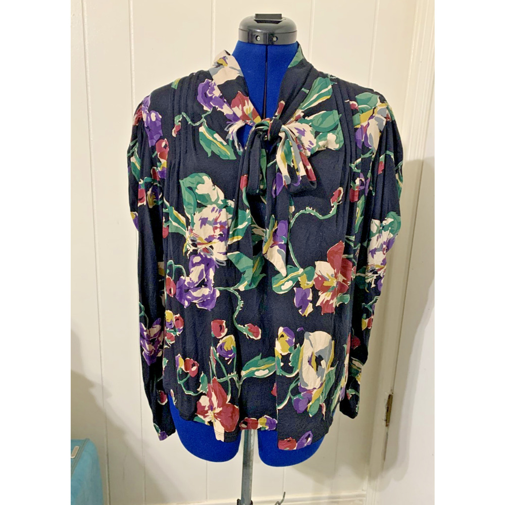 Lauren Ralph Lauren Black Pleated Floral Jersey Tie Neck Top Puff Sleeve XXL - Picture 2 of 10